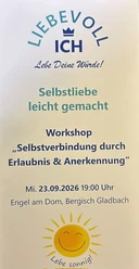 Plakat zum Workshop „Selbstliebe leicht gemacht“ am 23.09.2026 mit Sonnenmotiv