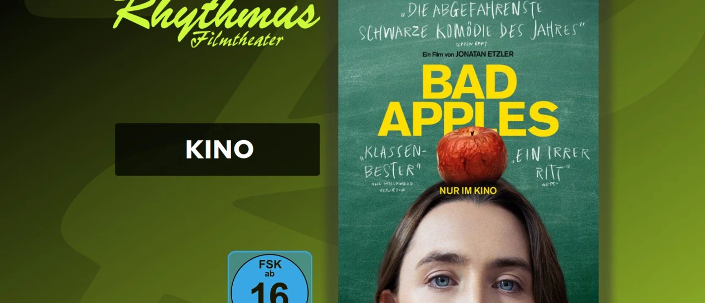 Filmplakat zu Bad Apples mit Saoirse Ronan, einem roten Apfel und FSK 16 Kennzeichnung.