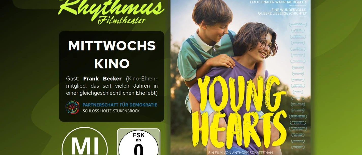 Filmplakat Young Hearts mit zwei Jugendlichen und Infos zum Mittwochskino im Rhythmus Filmtheater.