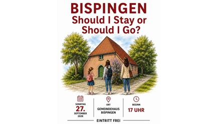 Plakat zu einem Theaterstück in Bispingen mit Haus, drei Personen und Veranstaltungsdaten.