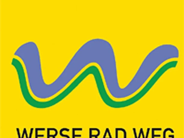 Logo Werse-Radweg Logo des Werse-Radwegs mit blauer, geschwungener Linie auf gelbem Hintergrund und Text darunter.