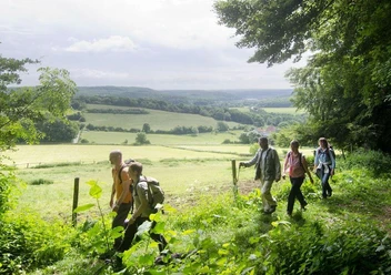 Wanderer Eine Gruppe von fünf Wanderern genießt einen malerischen Ausblick auf eine grüne Hügellandschaft.