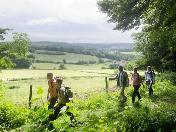 Wanderer Eine Gruppe von fünf Wanderern genießt einen malerischen Ausblick auf eine grüne Hügellandschaft.