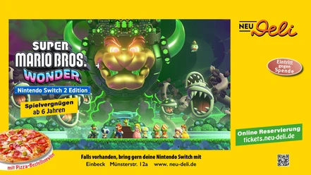 Gelber Veranstaltungsflyer mit Motiven aus Super Mario Wonder und einer Pizza.