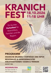 Kranich Fest Plakat zum Kranichfest am 18.10.2026 in den Moorwelten mit einem fliegenden Kranich.