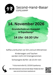 Second-Hand-Basar Flyer für den Second-Hand-Basar in Espelkamp am 14. November 2026 von 14 bis 16:30 Uhr.