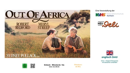 Kinoplakat für Out of Africa im NEU-Deli Einbeck, englische Version mit deutschen Untertiteln.