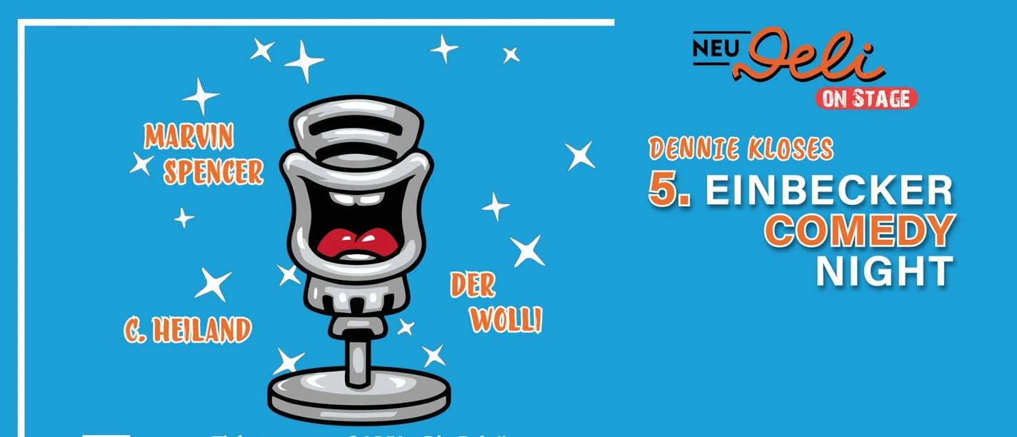 Blaues Ankündigungsplakat der 5. Einbecker Comedy Night mit einem lachenden Retro-Mikrofon.