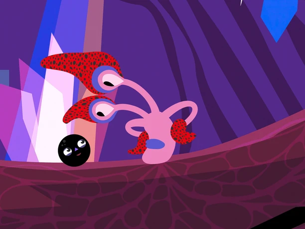 Colorful animated scene featuring a pink fantasy creature and a small black figure