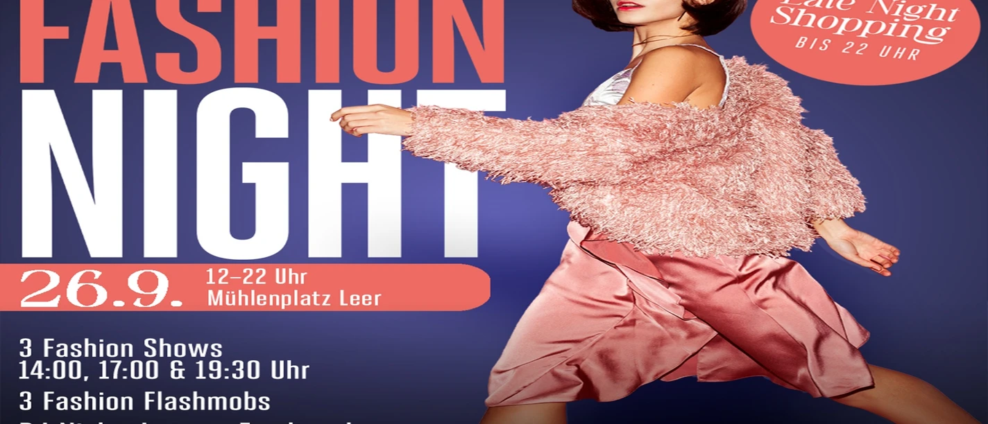 Plakat zur Leeraner Mode-Nacht mit Frau in Rosa und Hinweisen zu Modenschauen und Einkauf.