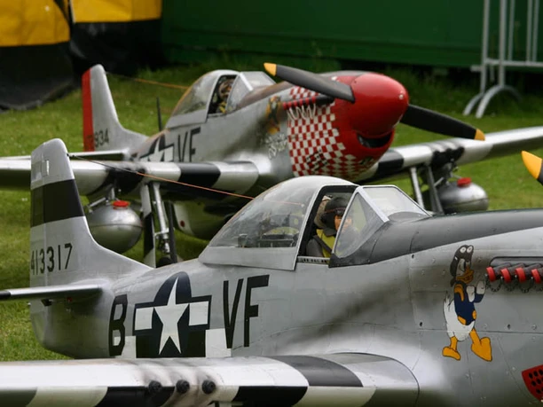 Ikarus Flugplatz Zwei historische Flugzeuge im Vintage-Stil, lackiert in Silber mit markanten schwarzen Details.