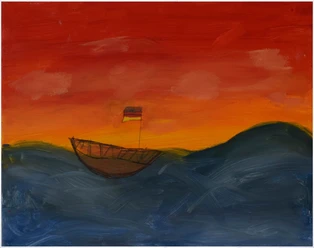 20.01.2027-Junge Perspektiven (c) Acelya_Melodi_WEB.jpg Gemaltes Boot mit Deutschlandflagge auf dunklen Wellen vor rotem Abendhimmel.