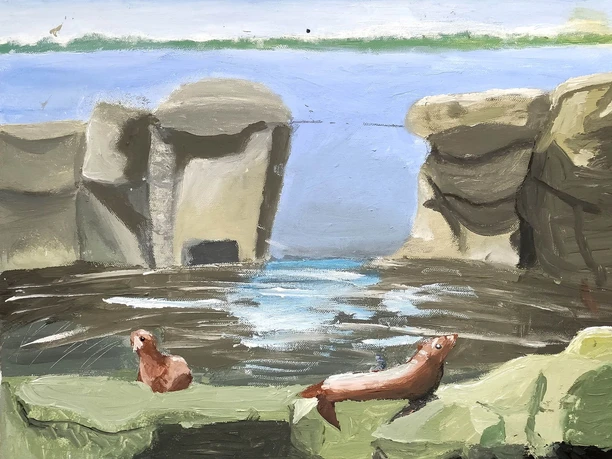 Gemalte Küstenlandschaft mit Felsen, Wasser und zwei Robben im Vordergrund.