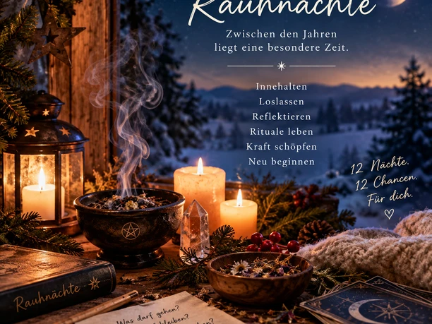 Rauhnächte Eine stimmungsvolle Darstellung der Rauhnächte mit Kerzen, ätherischen Kräutern und einer winterlichen Landschaft. Mystische Elemente und Dekorationen schaffen eine besondere Atmosphäre.