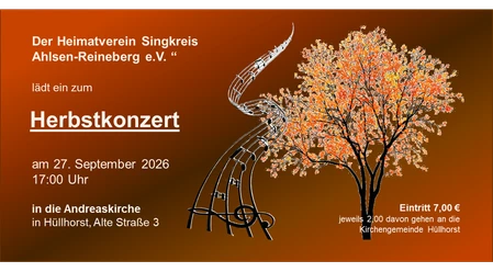 Flyer zum Herbstkonzert des Singkreises Ahlsen-Reineberg mit Musiknoten und herbstlichem Baum.
