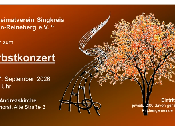 Flyer zum Herbstkonzert des Singkreises Ahlsen-Reineberg mit Musiknoten und herbstlichem Baum.
