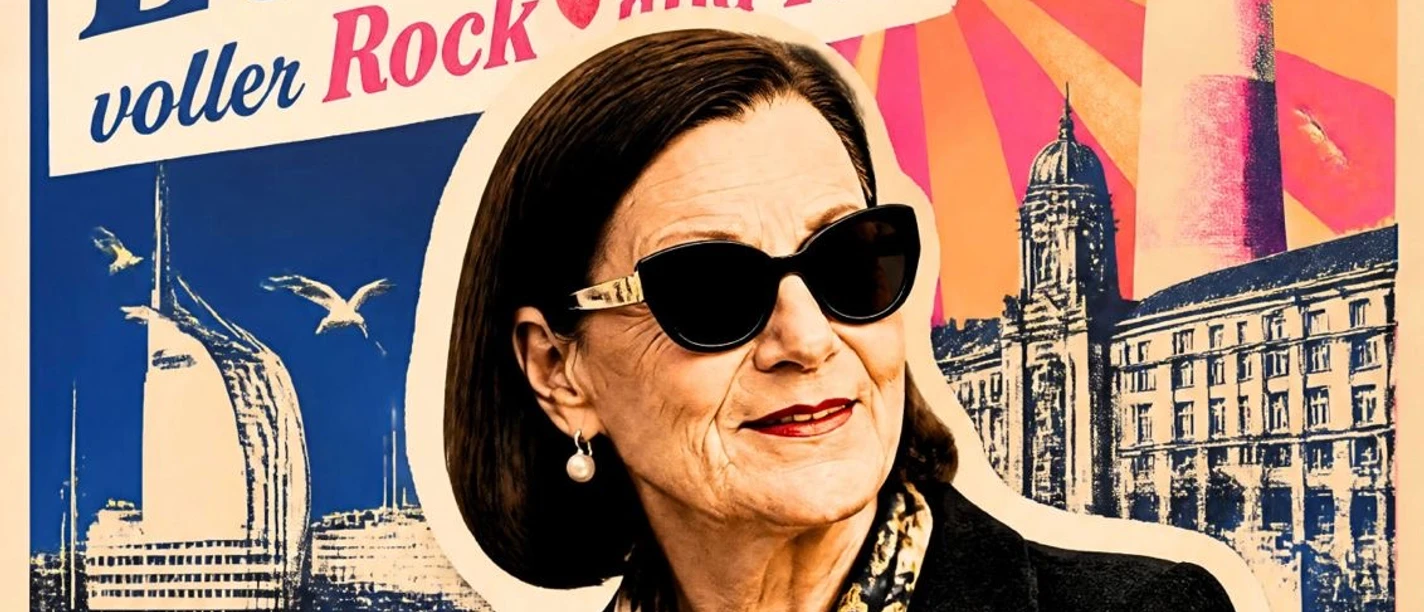 Plakat „Mein GI“ mit Frau in Sonnenbrille, Möwen, Leuchtturm und Bremerhaven-Kulisse.