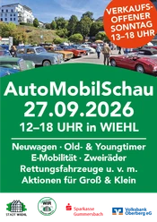 Plakat zur AutoMobilSchau Wiehl am 27.09.2026 mit Oldtimern, Aktionen und Sonntagsöffnung