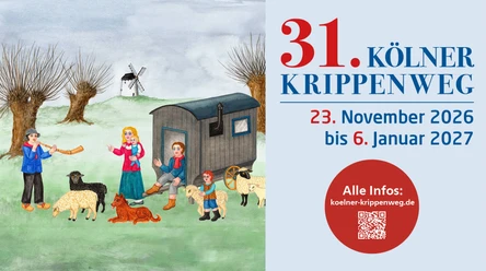 Plakat zum 31. Kölner Krippenweg mit Krippenszene und Terminen 2026/2027