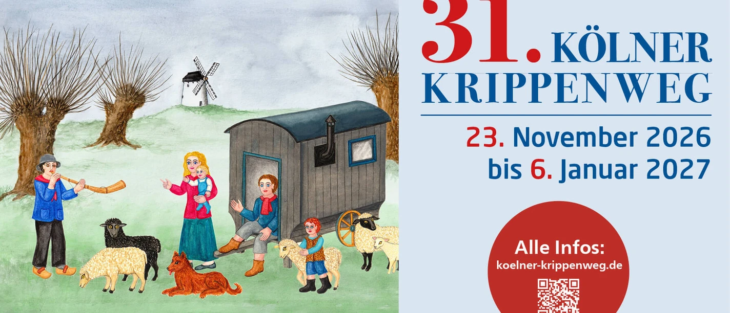 Poster for the 31st Cologne Nativity Scene Trail featuring a nativity scene and dates for 2026/2027