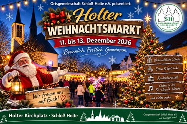 Weihnachtsmann mit Laterne, Tannenbaum und Besucher beim Holter Weihnachtsmarkt am Kirchplatz.