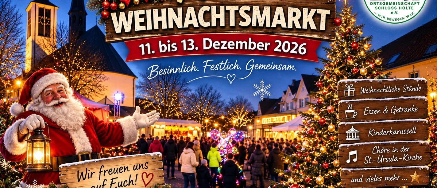 Weihnachtsmann mit Laterne, Tannenbaum und Besucher beim Holter Weihnachtsmarkt am Kirchplatz.