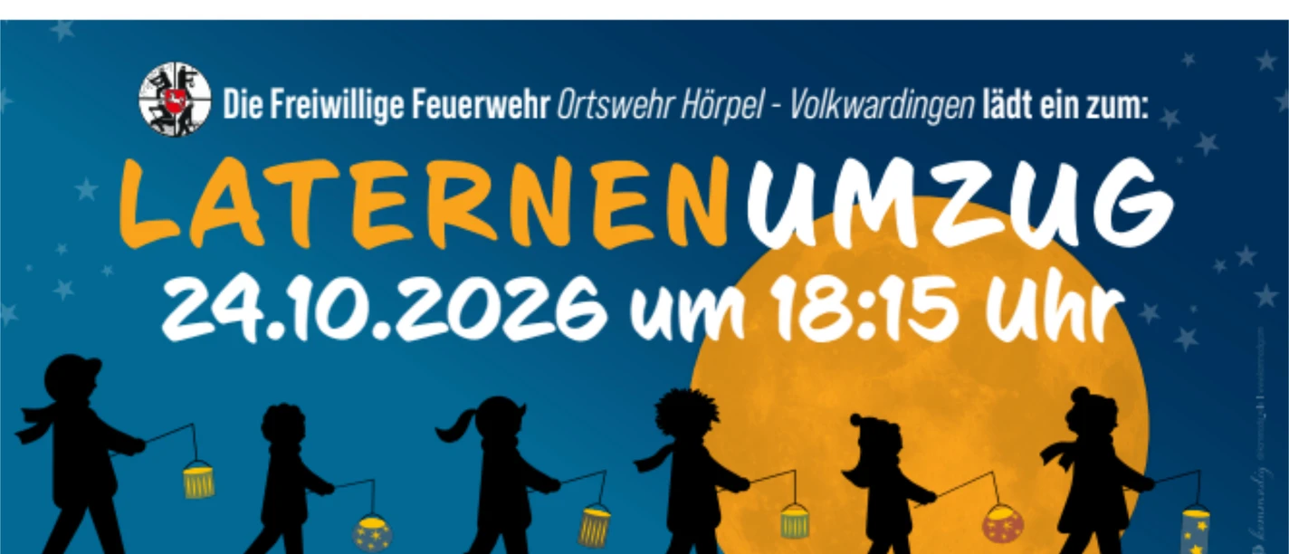 Plakat zum Laternenumzug in Hörpel am 24.10.2026 um 18:15 Uhr, Kinder mit Laternen.