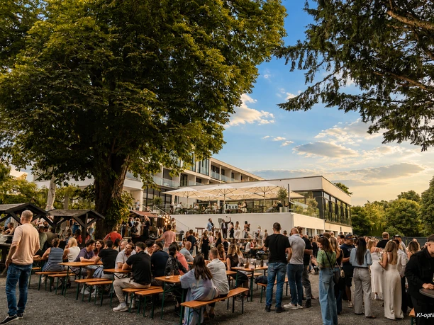 Viele Personen stehen oder sitzen im Biergarten, der vom grün umgeben ist. Im Hintergrund ist das Gebäude vom Schlosshotel Bad Wilhelmshöhe sichtbar.