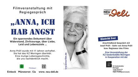 Flyer zur Filmveranstaltung Anna, ich hab Angst mit Schwarz-Weiß-Porträt einer älteren Frau.