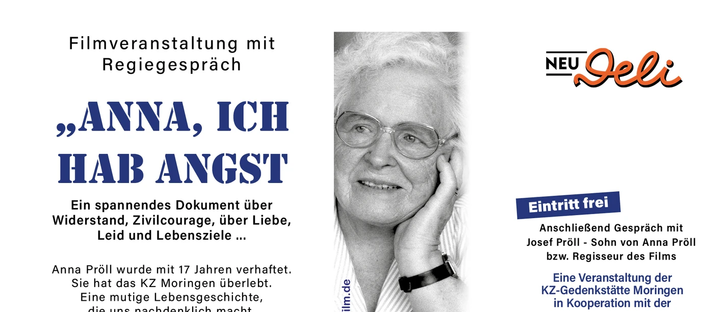 Flyer zur Filmveranstaltung Anna, ich hab Angst mit Schwarz-Weiß-Porträt einer älteren Frau.