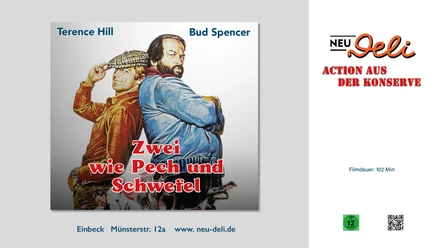 Filmplakat Zwei wie Pech und Schwefel mit Terence Hill und Bud Spencer Rücken an Rücken.