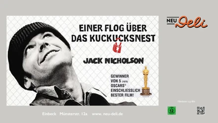 Filmplakat für Einer flog über das Kuckucksnest mit einem Porträt von Jack Nicholson.