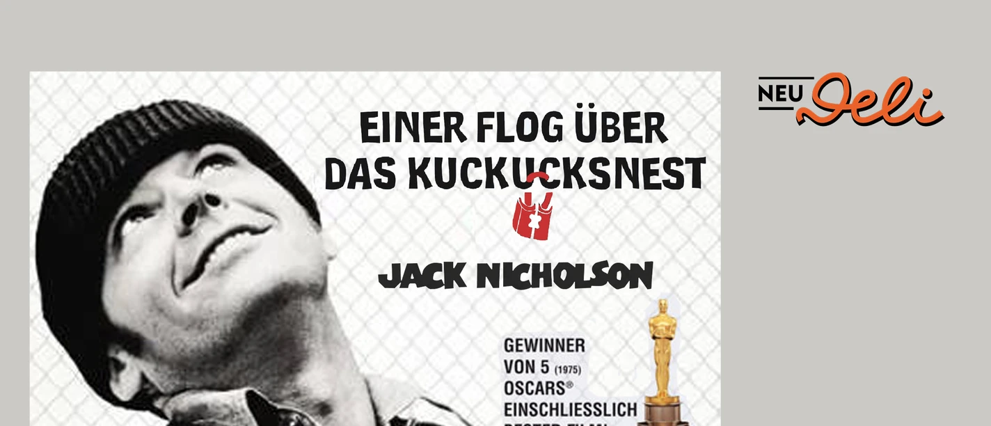 Filmplakat für Einer flog über das Kuckucksnest mit einem Porträt von Jack Nicholson.