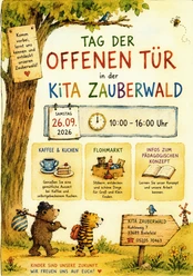 Plakat mit zwei Tierfiguren, die in den Zauberwald gehen.