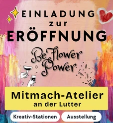 Grafik mit dem Logo des Mitmach-Ateliers "BeFlowerPower" an der Lutter