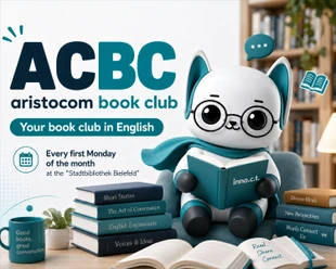 Eine Cartoonfigur mit einem Buch wirbt für einen englischsprachigen Buchclub
