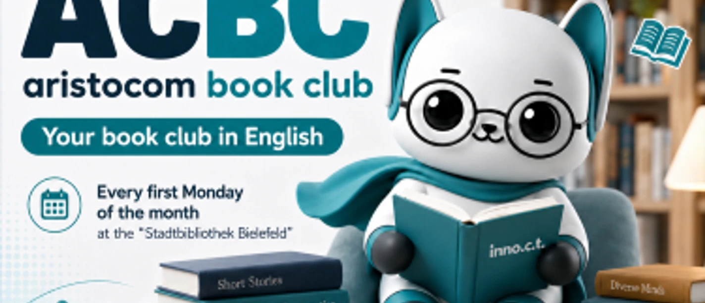 Eine Cartoonfigur mit einem Buch wirbt für einen englischsprachigen Buchclub