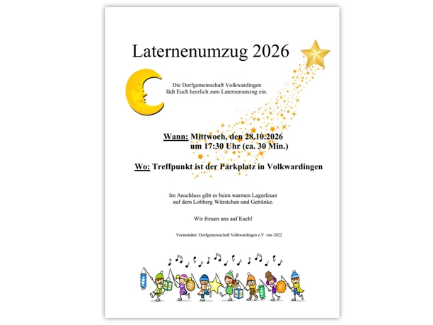 Plakat zum Laternenumzug 2026 mit Mond, Stern und Kindern mit bunten Laternen.