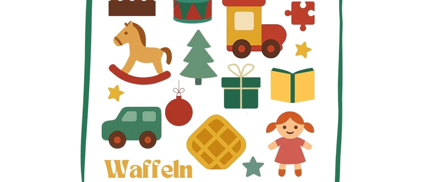 Einkaufstasche mit verschiedenen, bunten, weihnachtlcihen Spielsachen enthalten