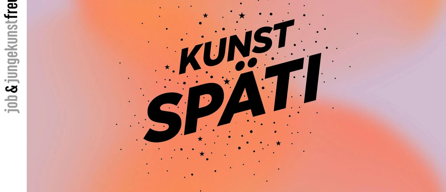 Grafik zum Kunstspäti im Museum Ludwig mit schwarzer Schrift auf orange-rosa Verlauf.