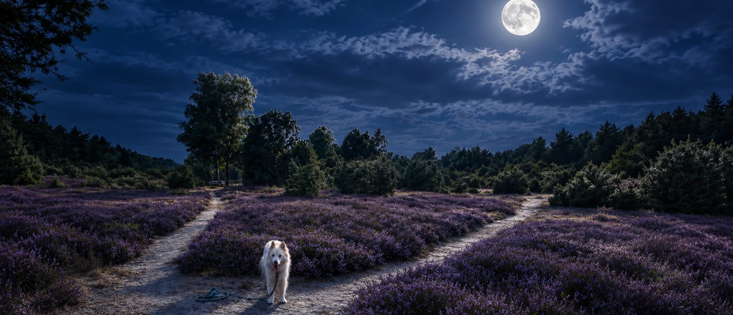 Hund in der Heide im Mondschein, KI bearbeitet