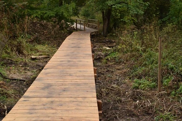 Holzsteg auf dem Lehrpfad Holz an der Abtei Marienmünster
