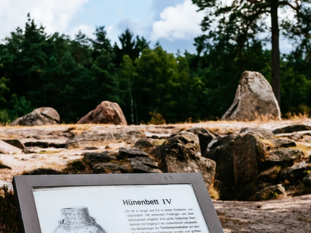 Infotafel vor dem historischen Hünenbett IV in der Oldendorfer Totenstatt.