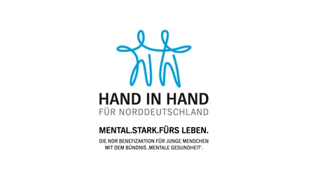 Logo „Hand in Hand für Norddeutschland“ mit blauem Symbol und Claim zur mentalen Gesundheit.