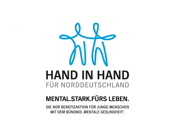 Logo „Hand in Hand für Norddeutschland“ mit blauem Symbol und Claim zur mentalen Gesundheit.