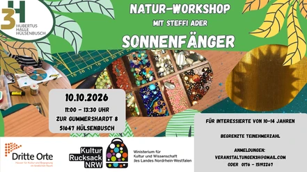 Grünes Workshop-Plakat „Sonnenfänger“ mit Perlen und Bastelszene, Termin 10.10.2026