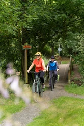 Ab durch Hullersen in Einbeck Zwei Radfahrer:innen auf einem grünen Waldweg überqueren eine kleine Holzbrücke.