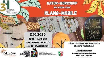 Plakat zum Natur-Workshop Klang-Mobile am 11.10.2026 mit Fotos gebastelter Mobiles