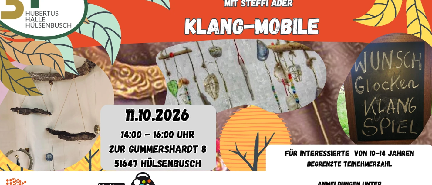 Plakat zum Natur-Workshop Klang-Mobile am 11.10.2026 mit Fotos gebastelter Mobiles