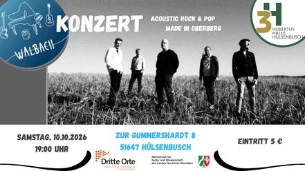 Konzertplakat der Band Walbach mit fünf Musikern, Termin und Veranstaltungsinfos